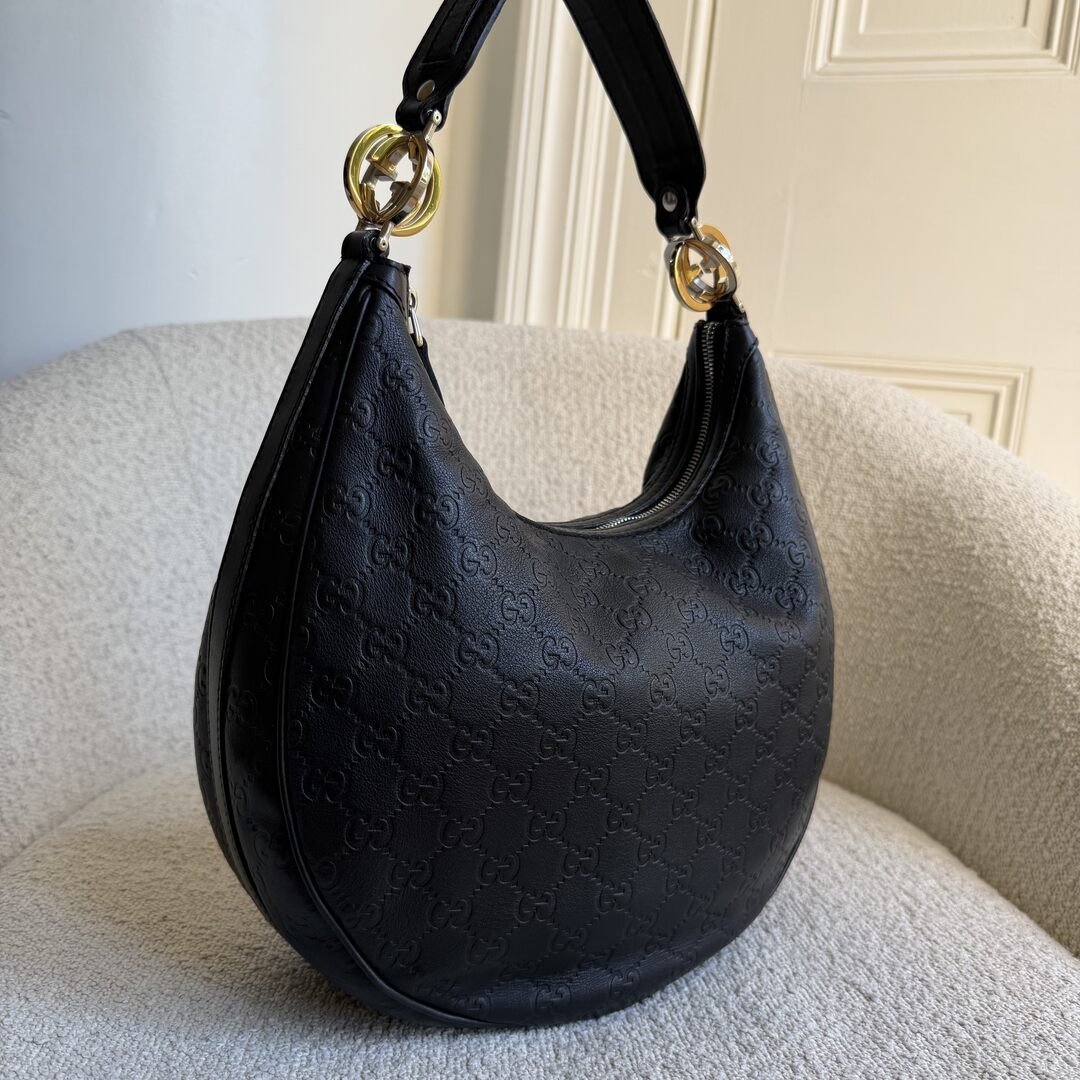 Gucci Guccissima Twins Hobo Black Leather Shoulder Bag