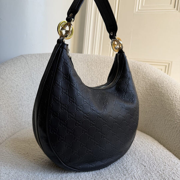 Gucci Guccissima Twins Hobo Black Leather Shoulder Bag