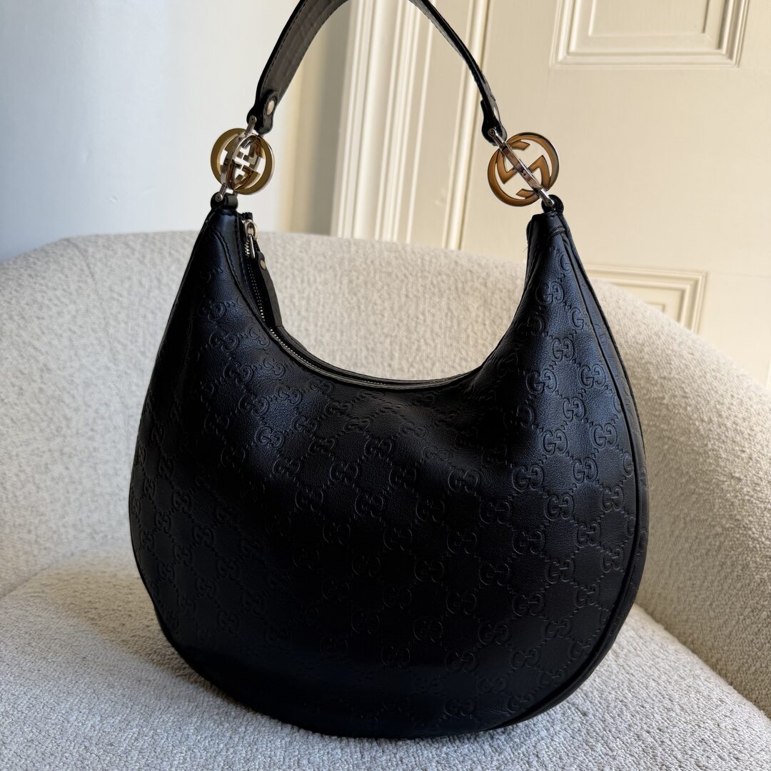 Gucci Guccissima Twins Hobo Black Leather Shoulder Bag