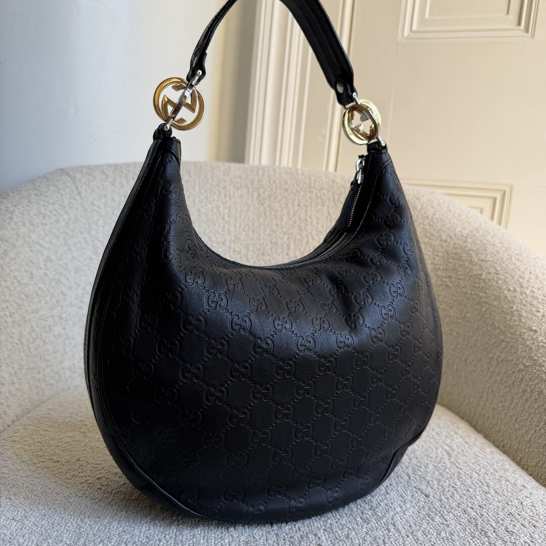 Gucci Guccissima Twins Hobo Black Leather Shoulder Bag