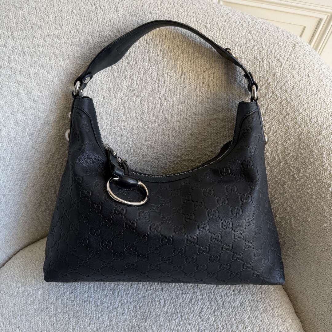 Gucci Guccissima Horsebit Icon Bit Navy Leather Shoulder Bag