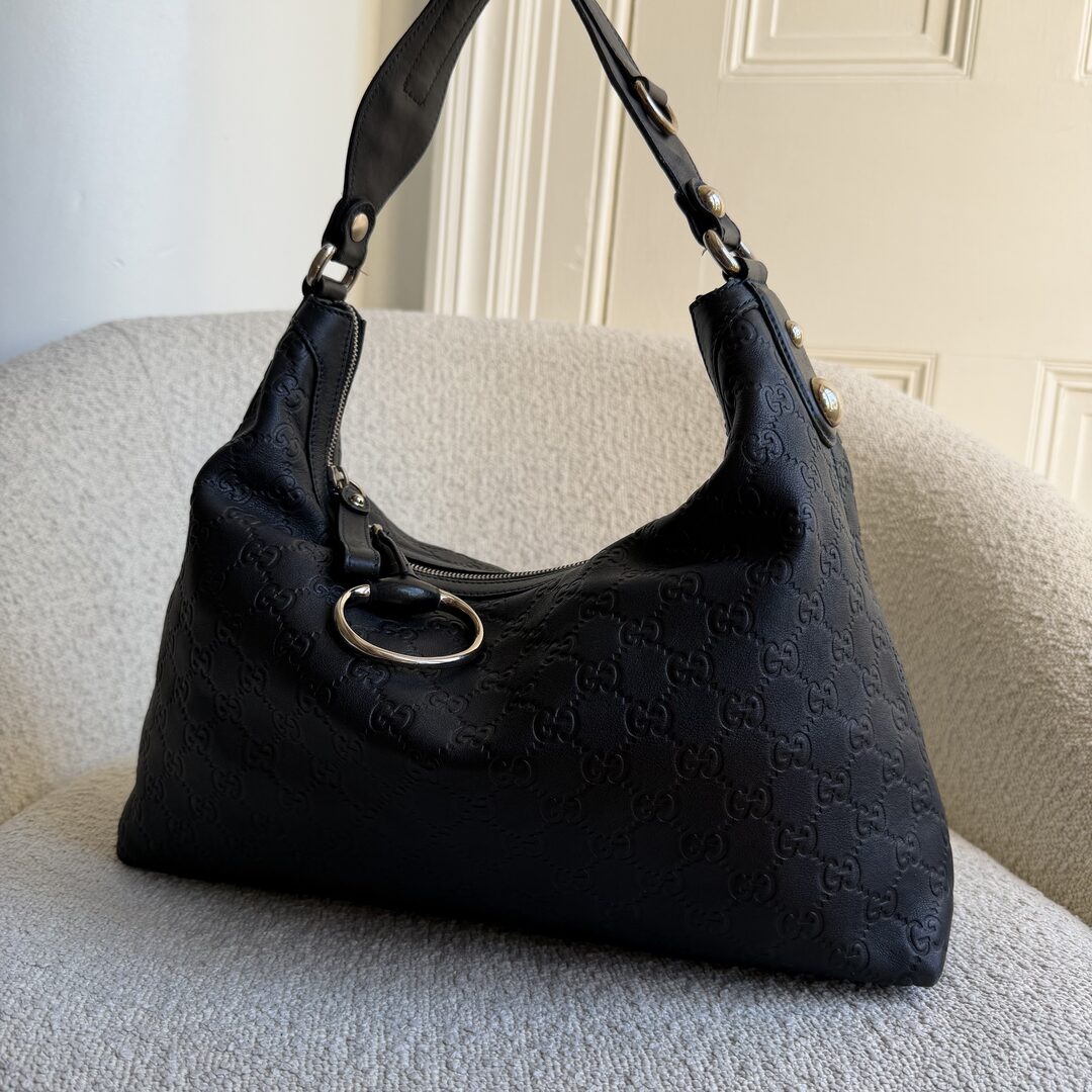 Gucci Guccissima Horsebit Icon Bit Navy Leather Shoulder Bag