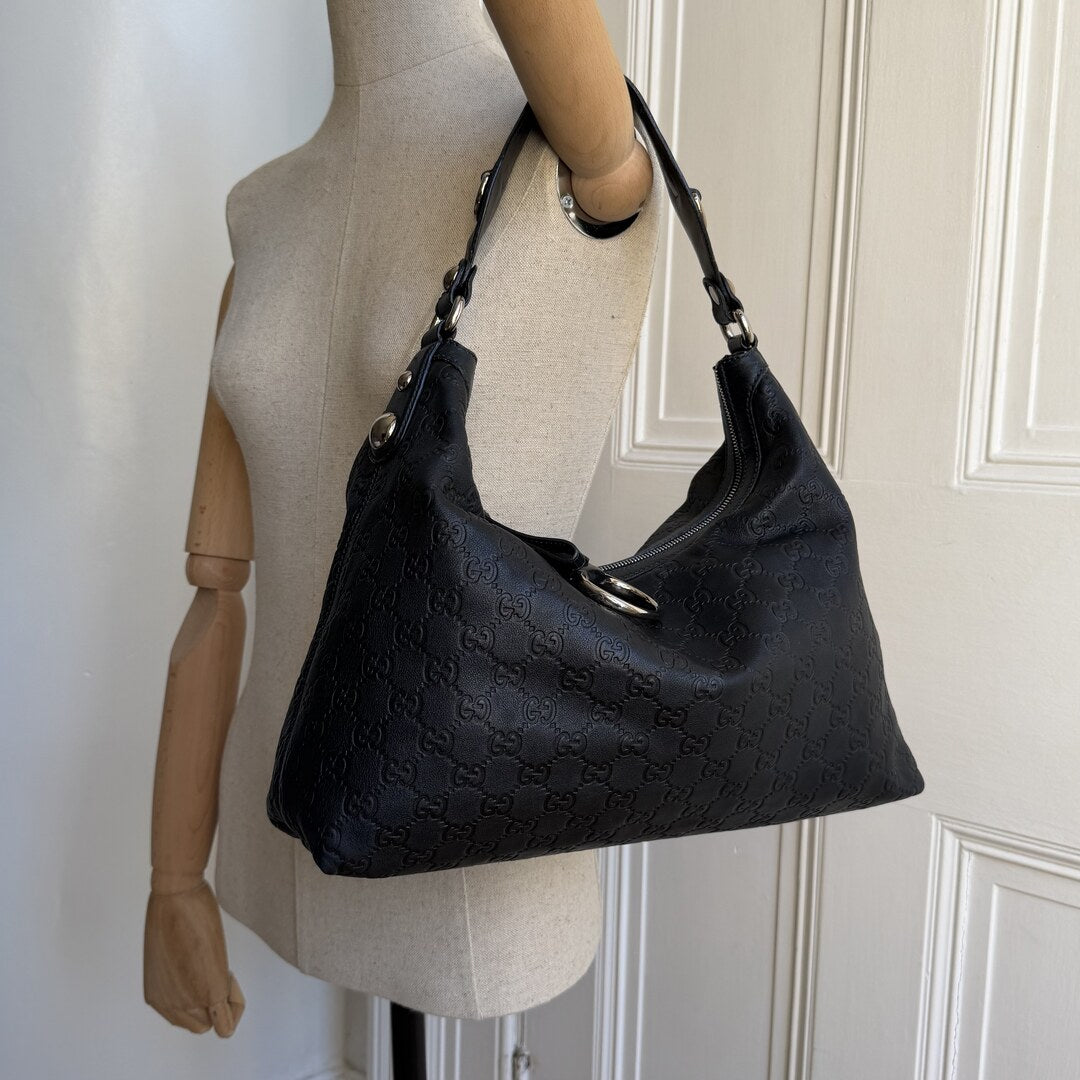 Gucci Guccissima Horsebit Icon Bit Navy Leather Shoulder Bag