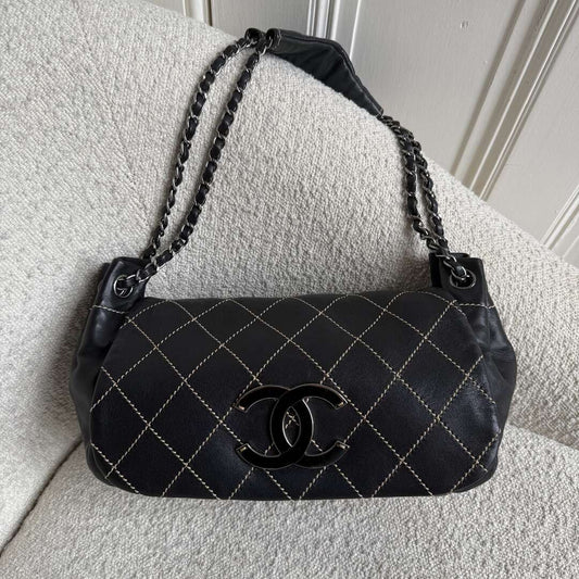 2004 Chanel CC Wild Stitch Surpique Chain Flap Black Shoulder Bag