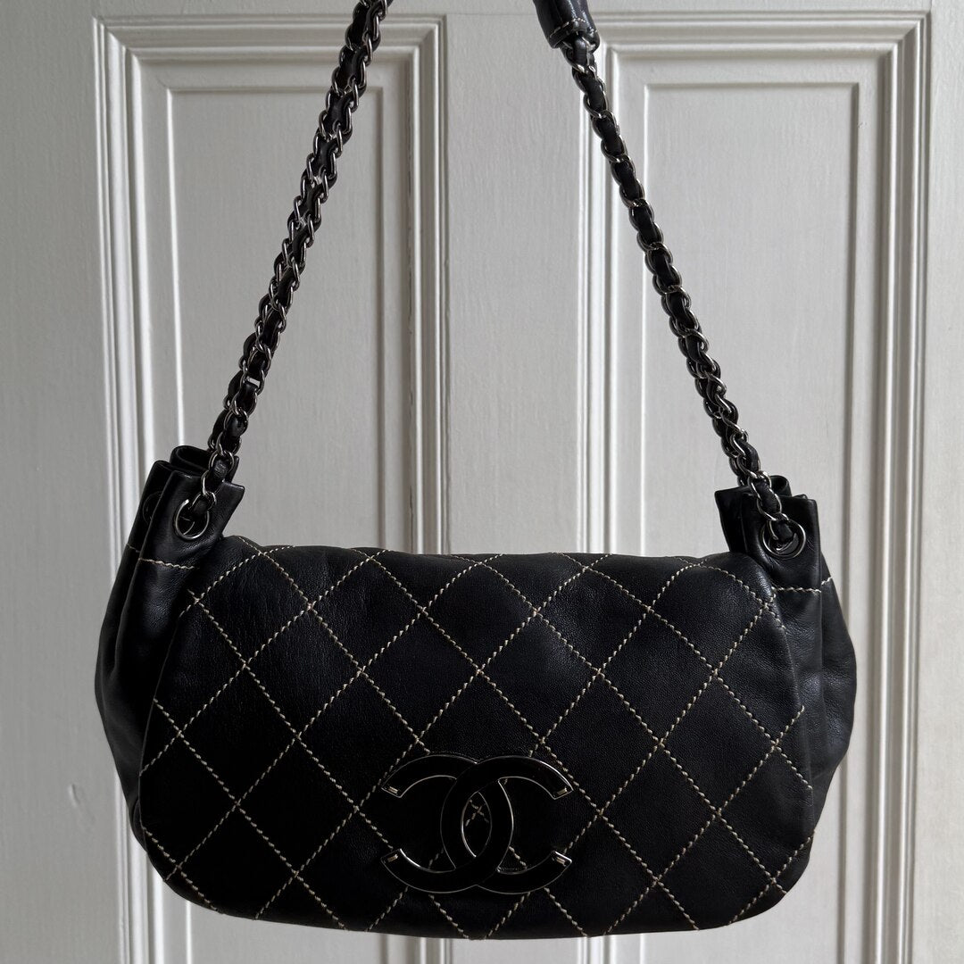 2004 Chanel CC Wild Stitch Surpique Chain Flap Black Shoulder Bag