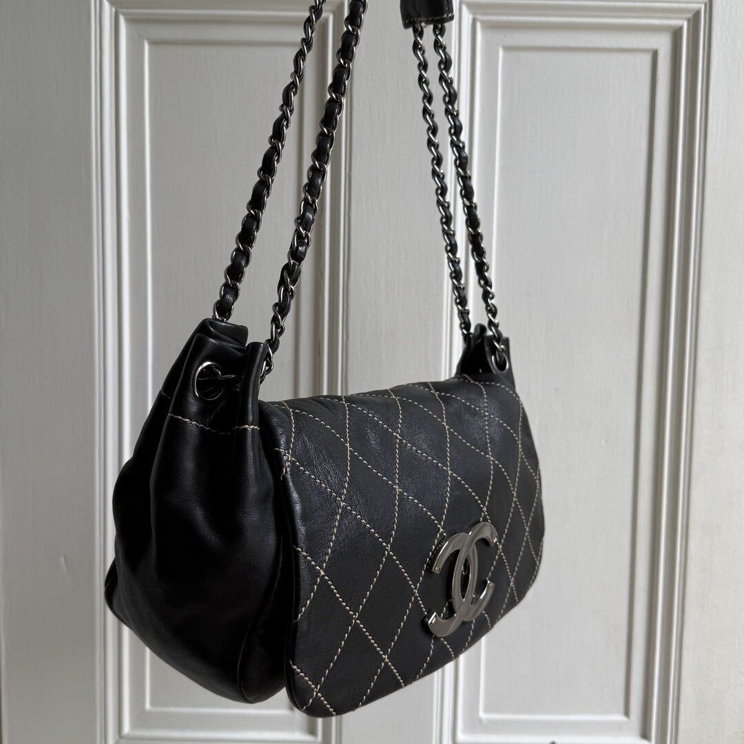 2004 Chanel CC Wild Stitch Surpique Chain Flap Black Shoulder Bag