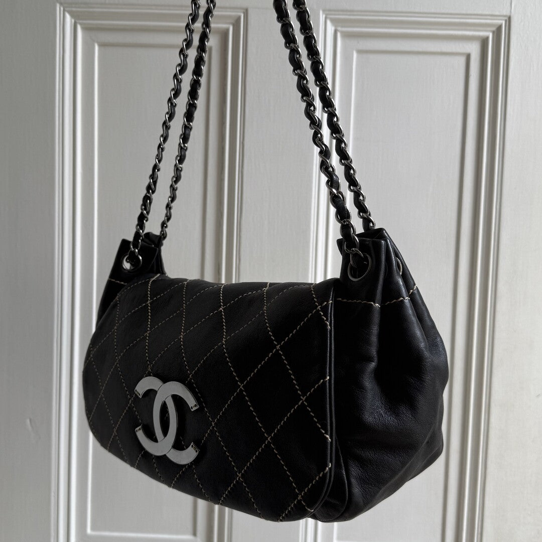 2004 Chanel CC Wild Stitch Surpique Chain Flap Black Shoulder Bag