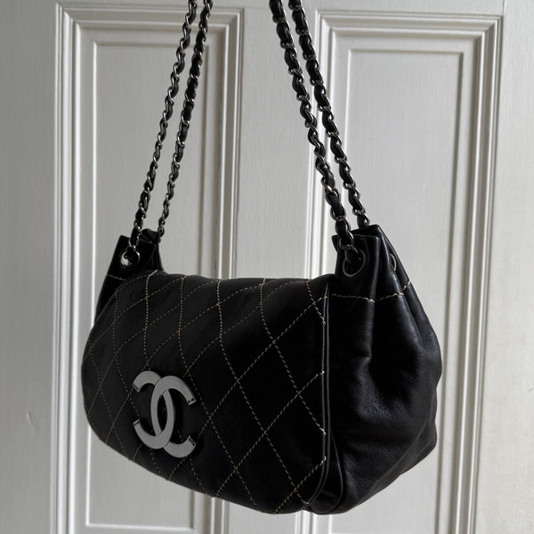 2004 Chanel CC Wild Stitch Surpique Chain Flap Black Shoulder Bag