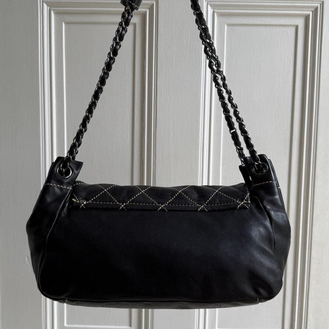 2004 Chanel CC Wild Stitch Surpique Chain Flap Black Shoulder Bag