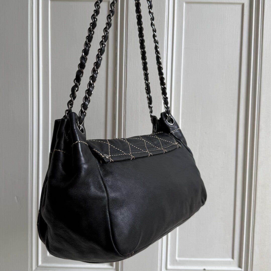 2004 Chanel CC Wild Stitch Surpique Chain Flap Black Shoulder Bag