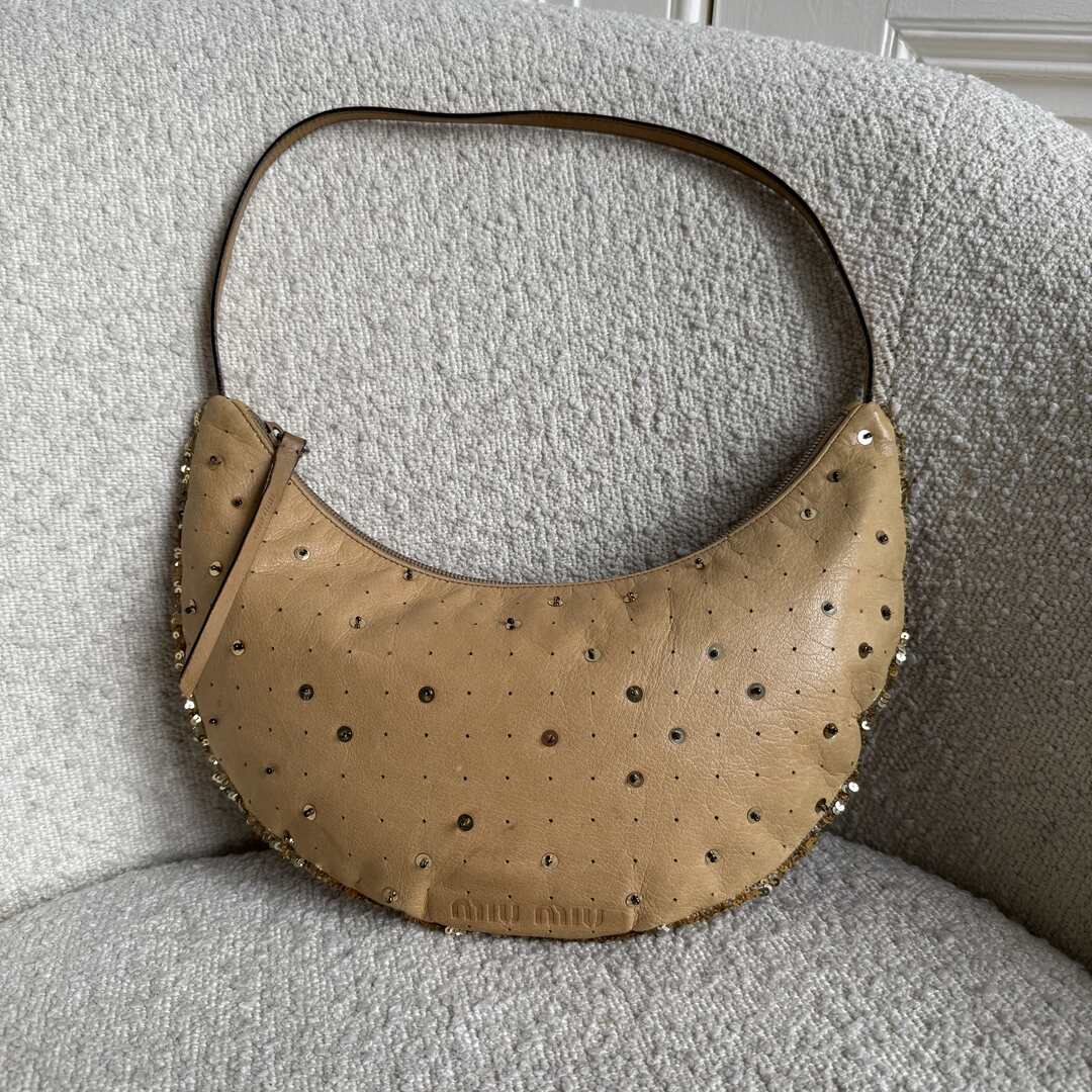 RARE Archive Miu Miu Sequins Brown Leather Croissant Shoulder Bag