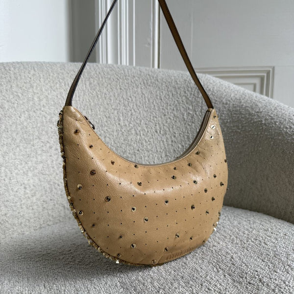 RARE Archive Miu Miu Sequins Brown Leather Croissant Shoulder Bag