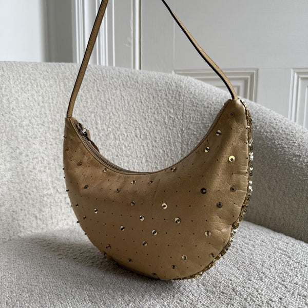 RARE Archive Miu Miu Sequins Brown Leather Croissant Shoulder Bag