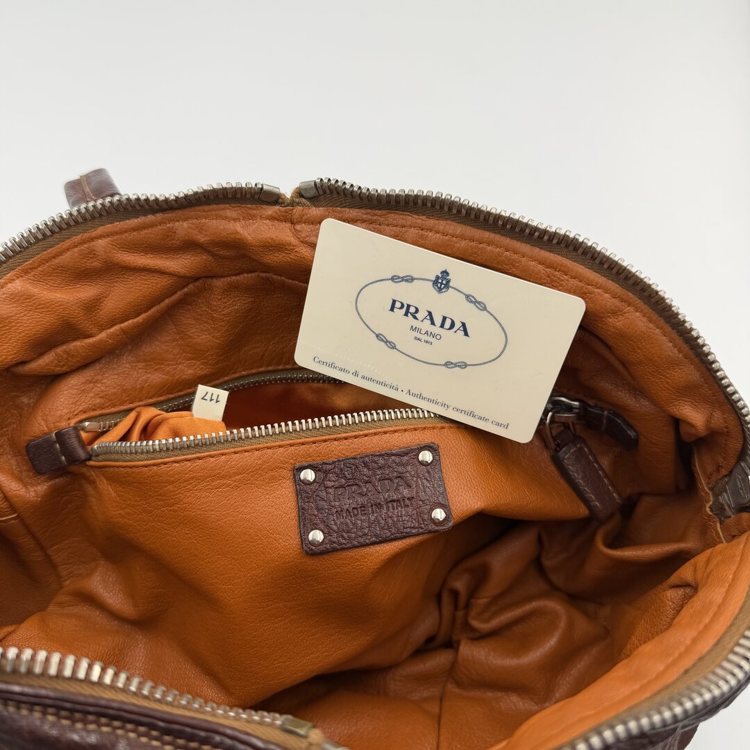 2005 Prada Washed Bauletto Brown Leather Shoulder Bag