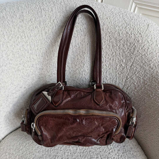 2005 Prada Washed Bauletto Brown Leather Shoulder Bag
