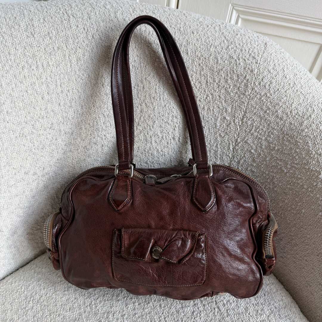 2005 Prada Washed Bauletto Brown Leather Shoulder Bag