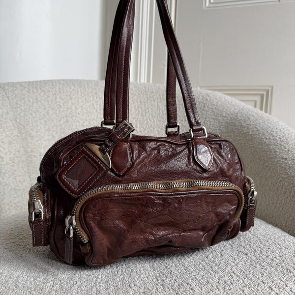 2005 Prada Washed Bauletto Brown Leather Shoulder Bag