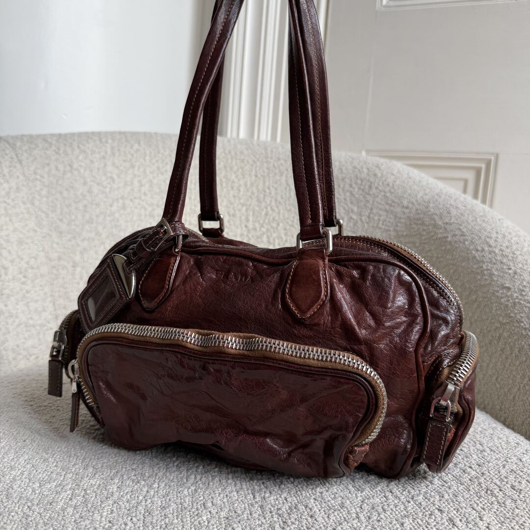 2005 Prada Washed Bauletto Brown Leather Shoulder Bag