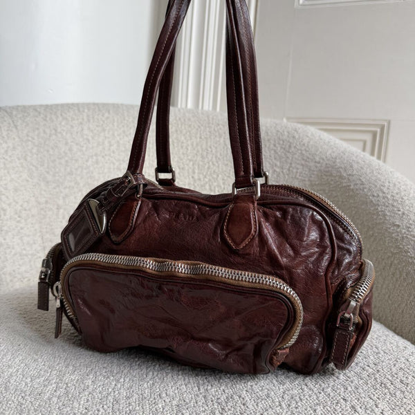 2005 Prada Washed Bauletto Brown Leather Shoulder Bag