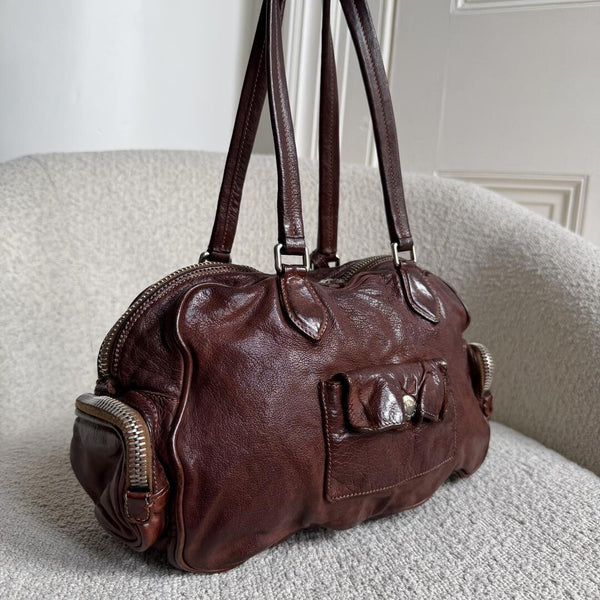 2005 Prada Washed Bauletto Brown Leather Shoulder Bag