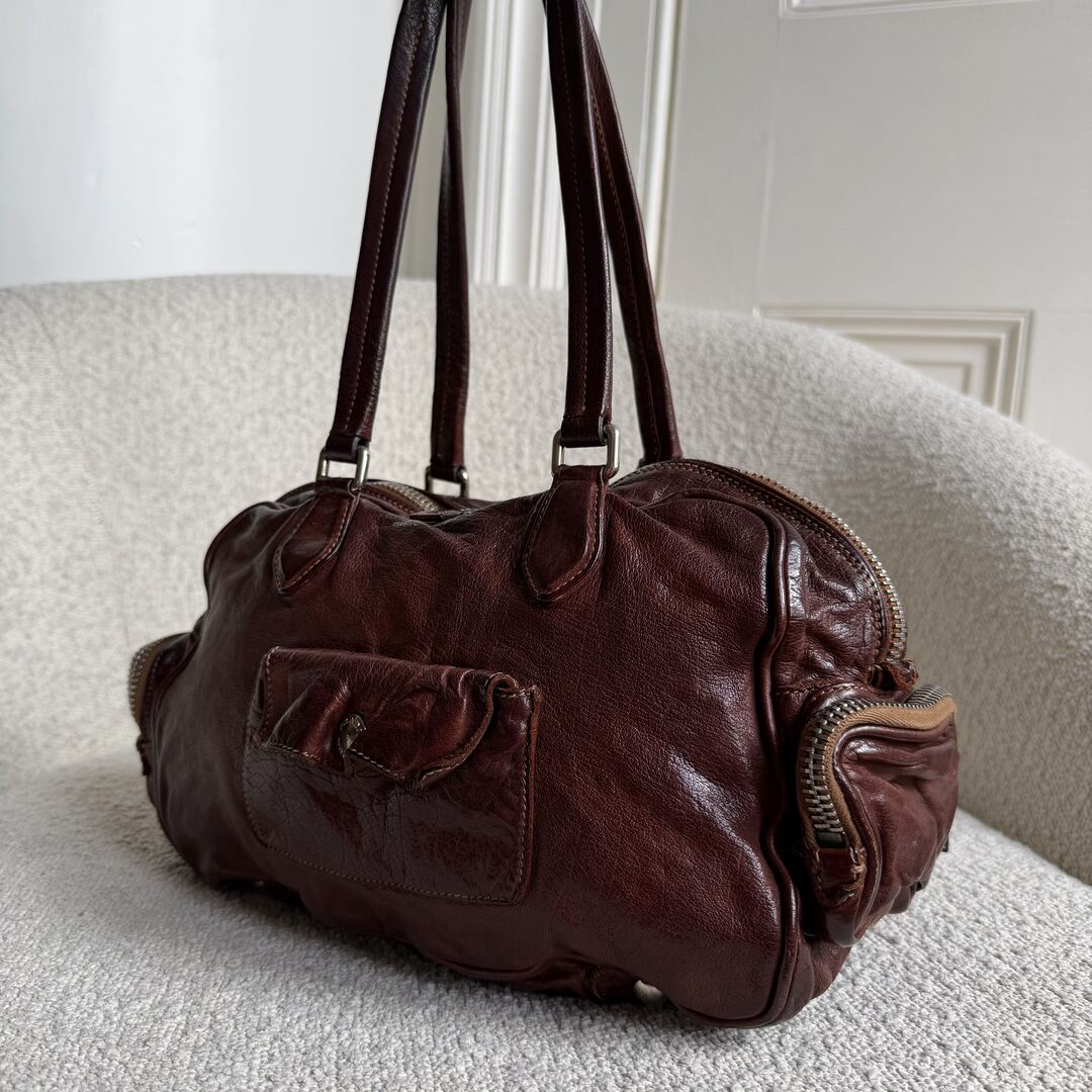 2005 Prada Washed Bauletto Brown Leather Shoulder Bag