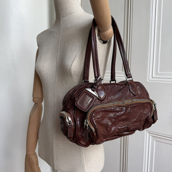 2005 Prada Washed Bauletto Brown Leather Shoulder Bag