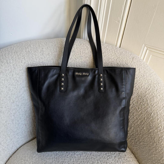 Miu Miu Vitello Stud Black Leather Tote Bag