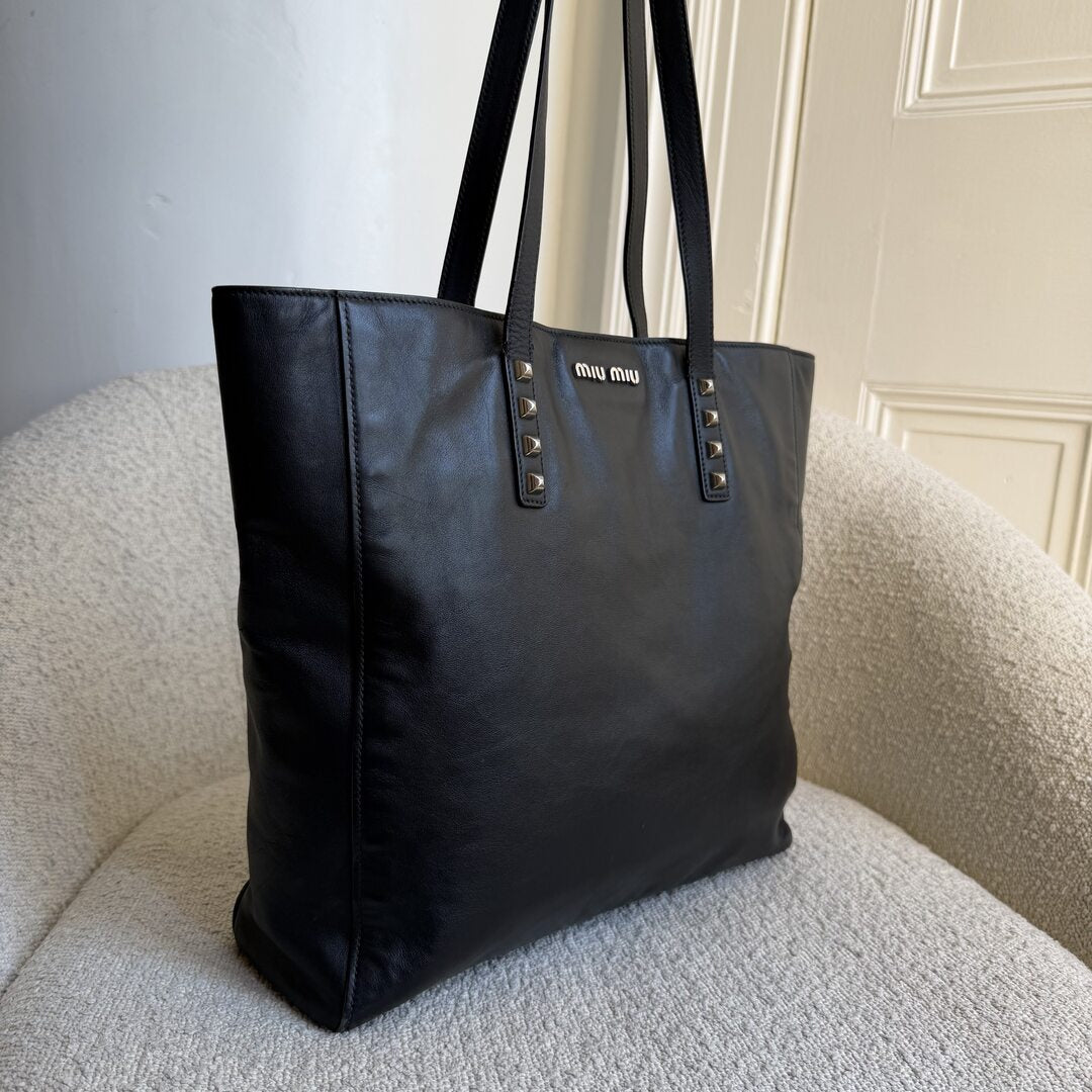 Miu Miu Vitello Stud Black Leather Tote Bag