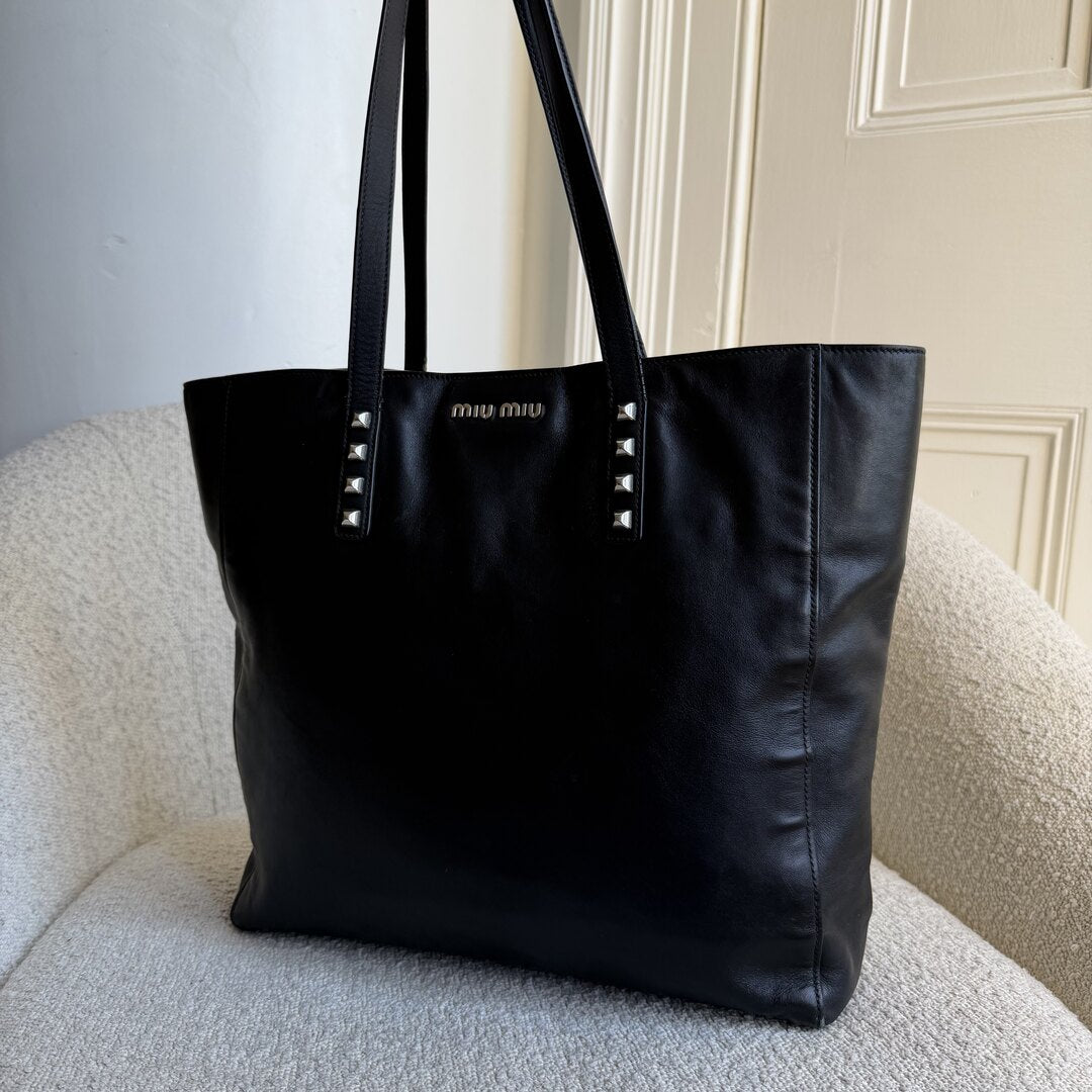 Miu Miu Vitello Stud Black Leather Tote Bag