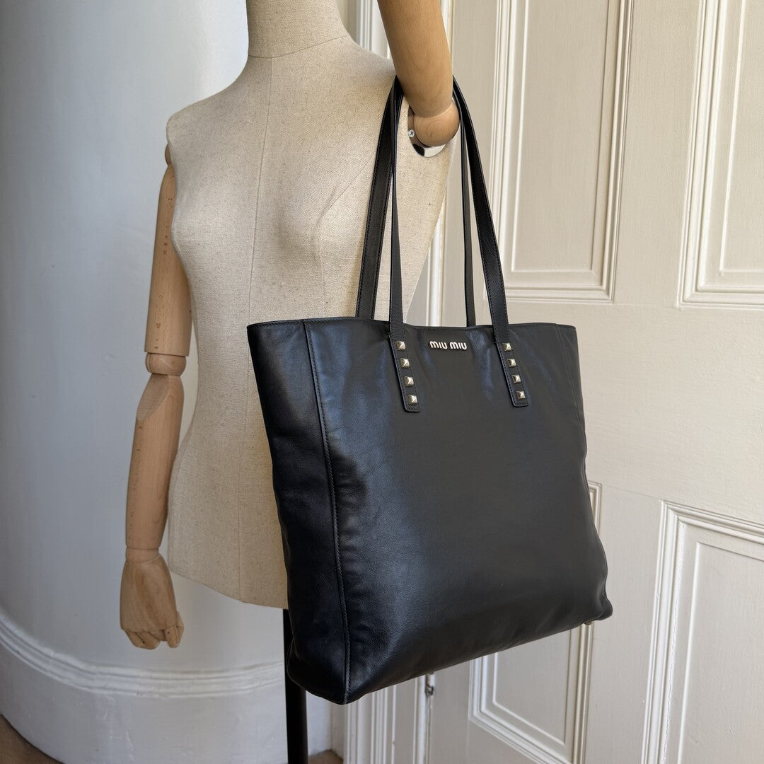 Miu Miu Vitello Stud Black Leather Tote Bag