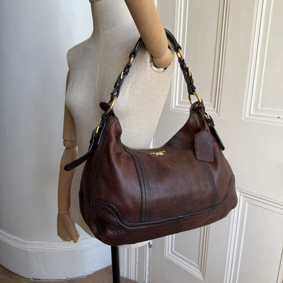 Prada Vitello Daino Brown Leather Shoulder Bag