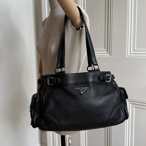 Prada Vitello Daino Leather Black Tote Bag