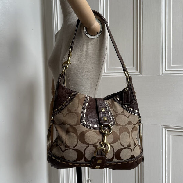 Coach Signature Hobo Buckle Brown Shoulder Bag
