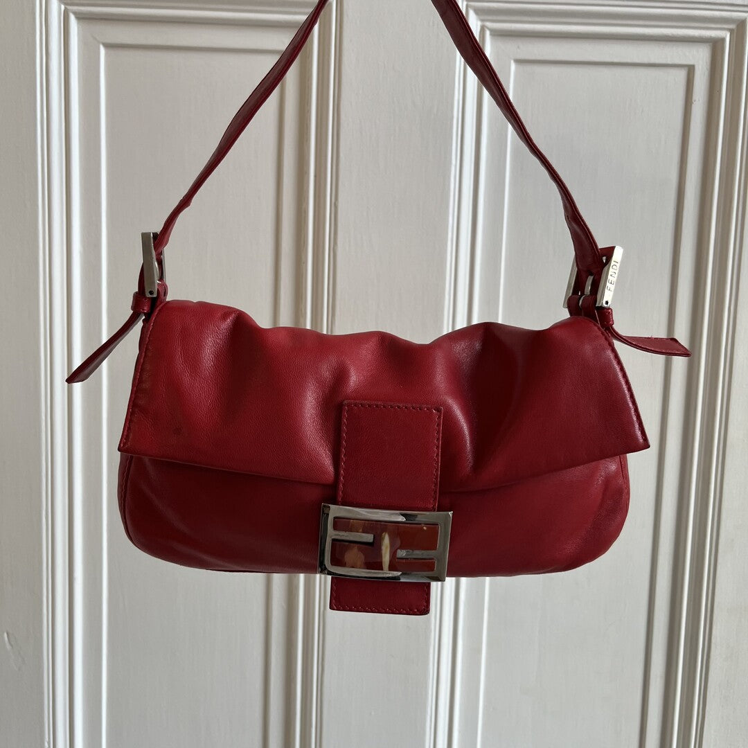 Fendi Baguette Leather Red Shoulder Bag