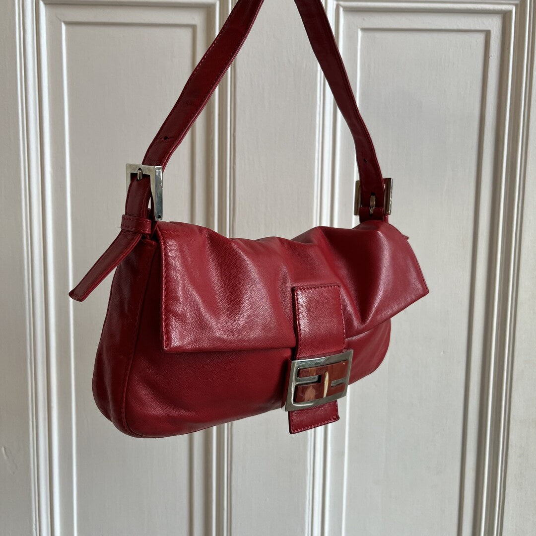 Fendi Baguette Leather Red Shoulder Bag