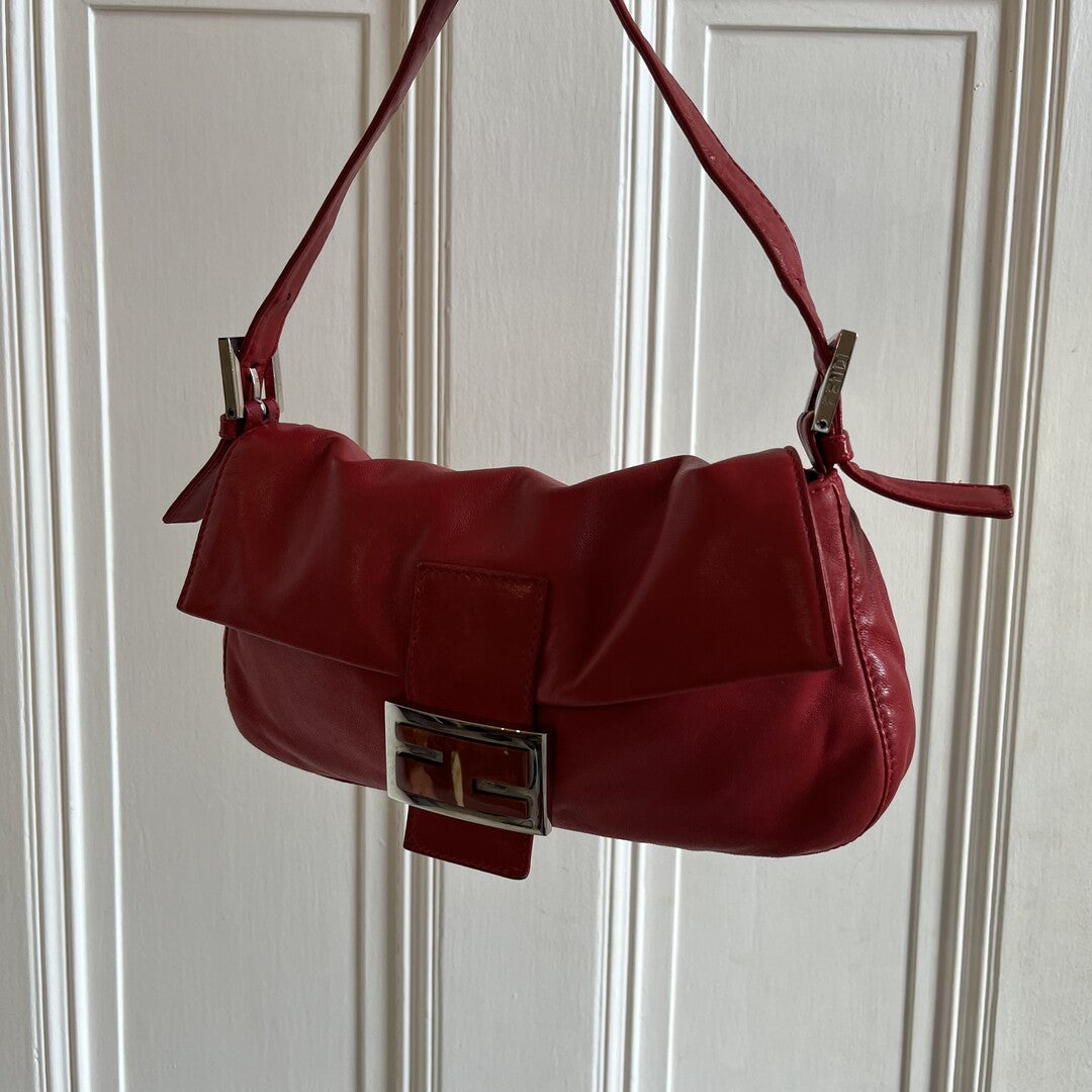 Fendi Baguette Leather Red Shoulder Bag