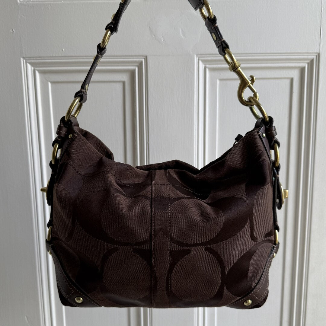 Coach Signature Brown Studded Shoulder Bag