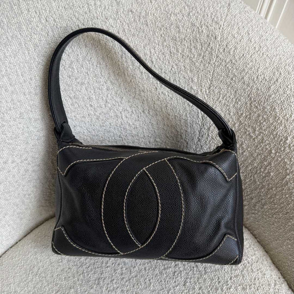 2004 Chanel Surpique CC Wild Stitch Caviar Black Shoulder Bag