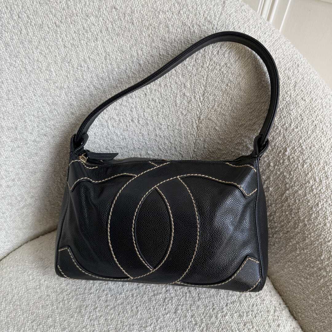 2004 Chanel Surpique CC Wild Stitch Caviar Black Shoulder Bag