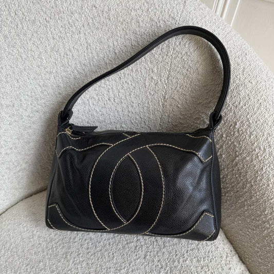 2004 Chanel Surpique CC Wild Stitch Caviar Black Shoulder Bag