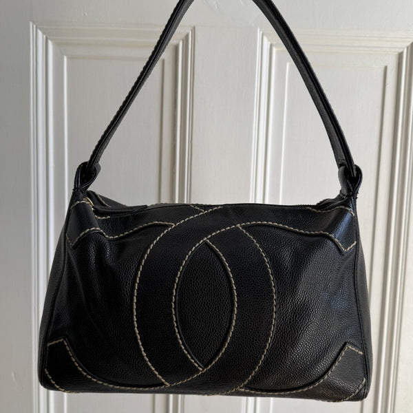 2004 Chanel Surpique CC Wild Stitch Caviar Black Shoulder Bag