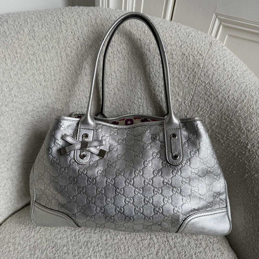 Rare Gucci Guccissima Princy Metallic Silver Tote Bag
