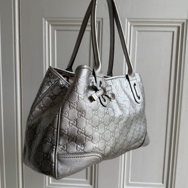 Rare Gucci Guccissima Princy Metallic Silver Tote Bag