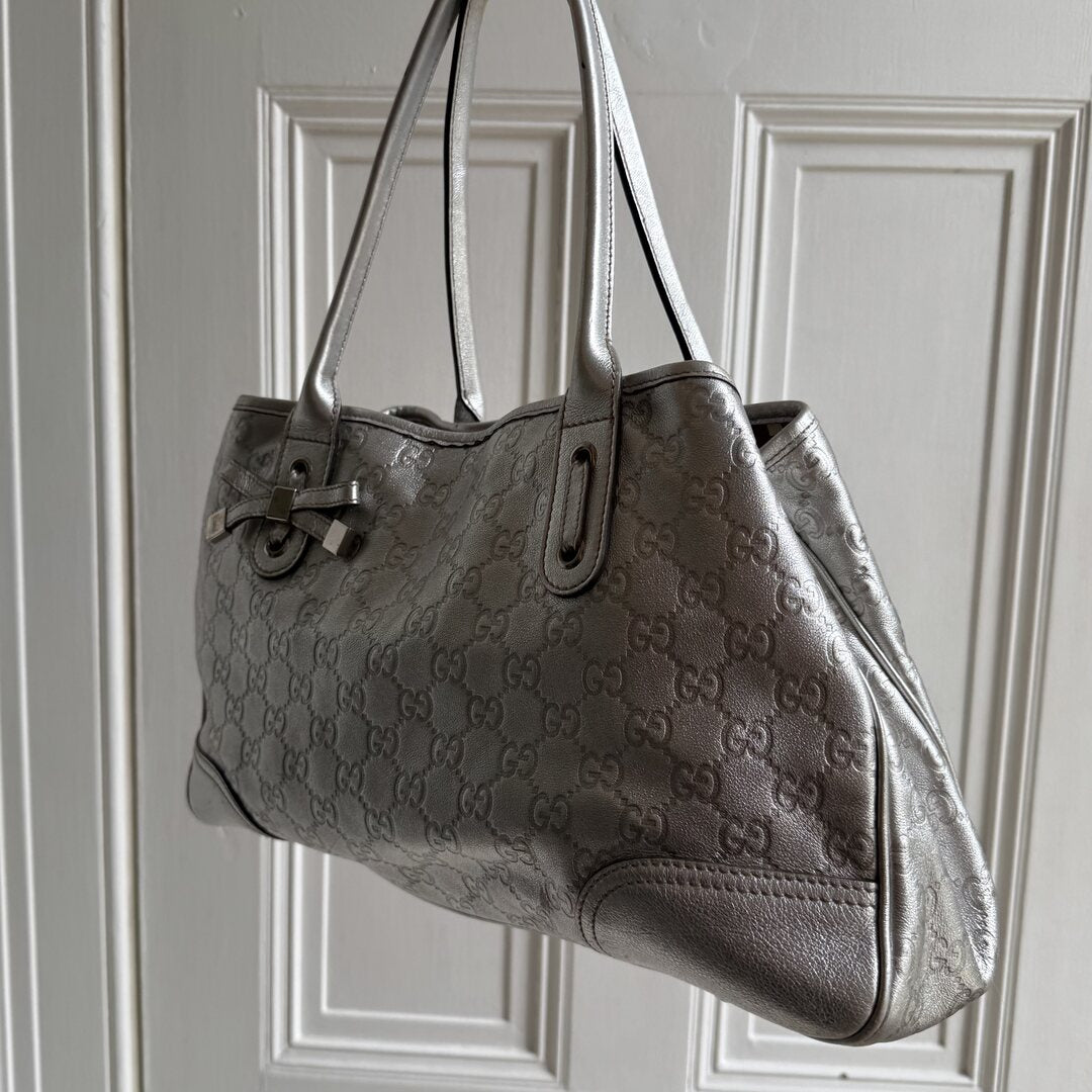 Rare Gucci Guccissima Princy Metallic Silver Tote Bag
