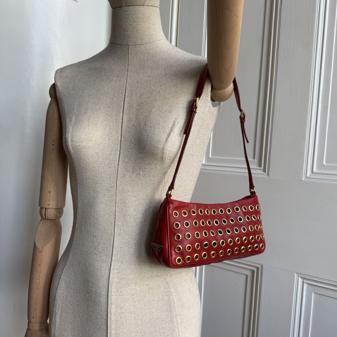Prada Grommet Nappa Red Leather Pochette Shoulder Bag