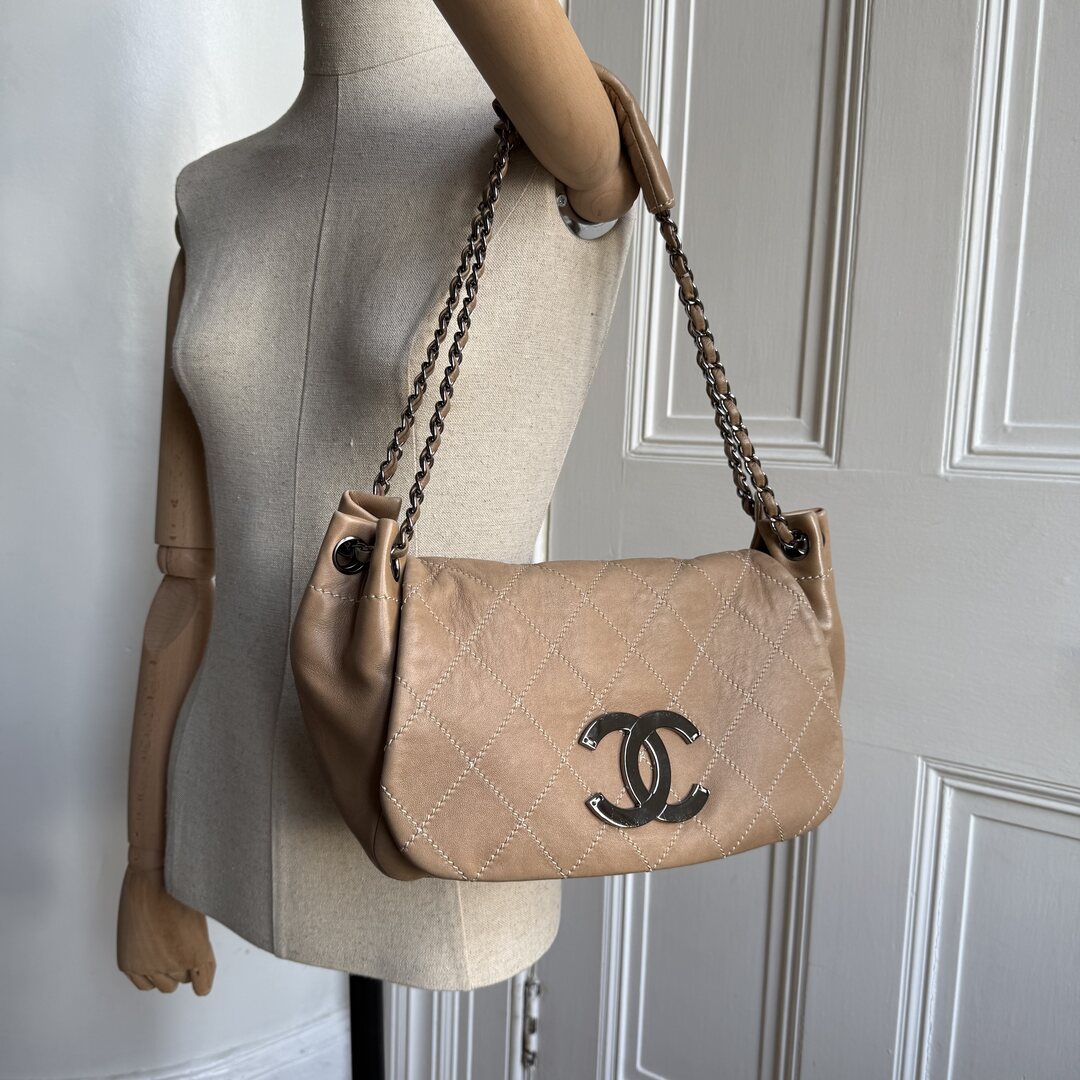 2004 Chanel CC Wild Stitch Surpique Chain Flap Beige Shoulder Bag