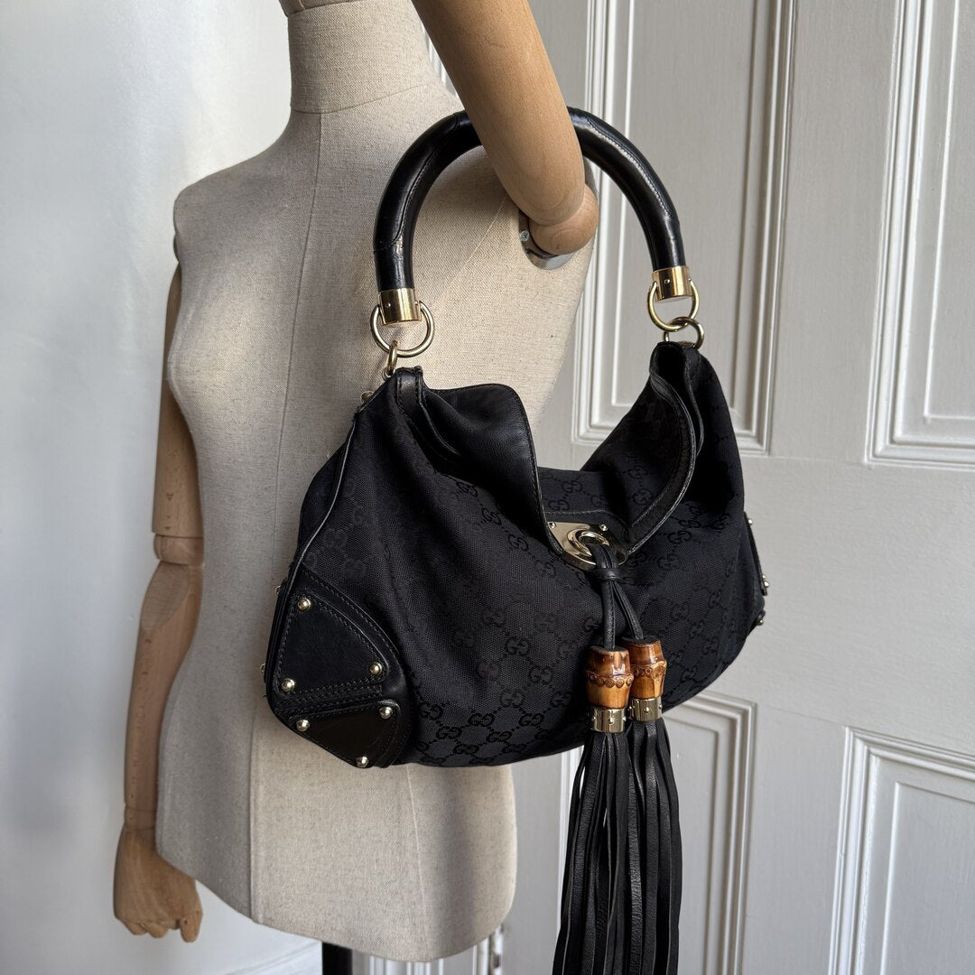 Gucci GG Canvas Indy Bamboo Black Handbag
