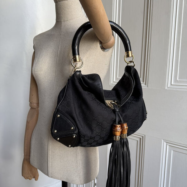 Gucci GG Canvas Indy Bamboo Black Handbag