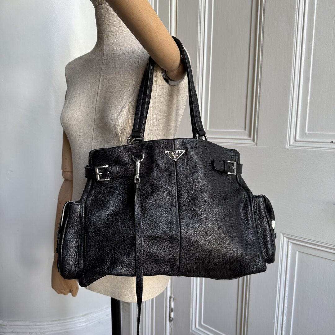 2004 Prada Vitello Daino Leather Black Tote Bag