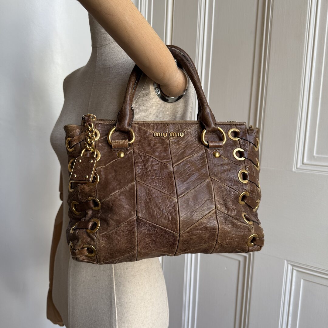Miu Miu Grommet Chevron Brown Leather Handbag